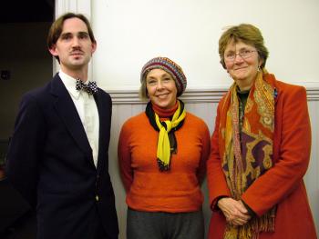 Poets laureate past, present and future: Incoming Belfast Poet Laureate Ellen Sander, center, after her appointment to the honorary post on Tuesday night. Sander is flanked by current laureate Jacob Fricke and 2006 laureate Elizabeth Garber. Another former poet laureate in attendance on Tuesday, Karin Spitfire, is not pictured. (Photo by Ethan Andrews)