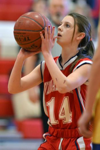 Vinalhaven's Hannah Ames takes a foul shot. (Photo by Ron Hawkes)