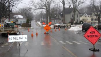 Union Street is closed to through traffic at Camden Exxon Sunday morning. (Photo by Chris Wolf)