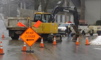 Repair to the water main under Union Street, in front of Camden Exxon, could take all day to fix. (Photo by Chris Wolf)