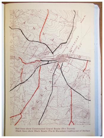 A color map showing improved and new roads, from the city's 1934-35 annual report.