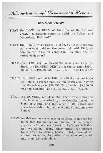 The didactic tone and bold layout of this explanation of bonded indebtedness from the 1938-39 report suggests it was meant for a broad audience. The didactic tone and bold layout of this explanation of bonded indebtedness from the 1938-39 report suggests it was meant for a broad audience.
