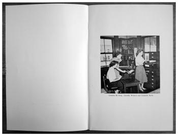 The inside cover of an annual report from the 1950s shows city staff members at work. Photographs, initially of public works and workers, and later of civic life and scenery, became increasingly common in later copies of the annual report.