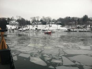 The U.S. Coast Guard Cutter Tackle, from Station Rockland, traveled to Rockport Harbor Jan. 4 to break up accumulating ice. (Photo courtesy of Coast Guard Cutter Tackle.)