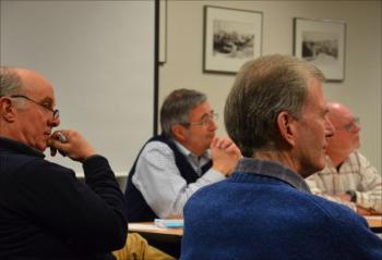 Camden and Rockport select boards convened a joint meeting Jan. 28 at the Rockport Town Office to expand local dialog about how to operate more efficiently together, and identify innovative collaborations. In the photo, Jim Heard and Martin Cates of Camden; and William Chapman and Charlton Ames, of Rockport. (Photo by Lynda Clancy)