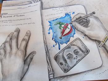 Self-portrait. Lauren's face in the corner of his iPod as he doodles in his Algebra notebook. Note the "Hope Elephant" bracelet. (photo: Kay Stephens)