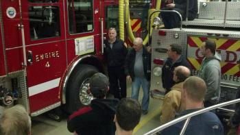 Unbeknownst to Harold Drinkwater, under the paper taped to the side of Engine 4 is his name in gold letters. (Courtesy Ryan Fisher)