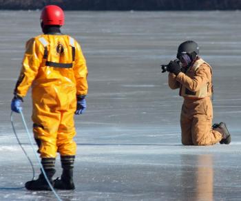 Rockland Fire Department photographer Alan Athearn chronicles the training for later review by the class. (Photo by Holly S. Edwards)