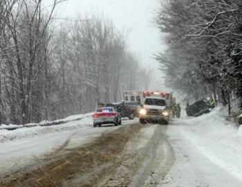 Traffic on Route 52, just beyond the Barrett's Cove boat launch, was stopped around 1 p.m. Sunday following a two-vehicle crash. (Photo by Holly S. Edwards)