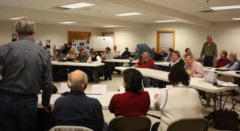 Selectmen and managers from Camden, Rockport, Lincolnville and Hope meet with the Camden First Aid Association board Feb. 27.(Photo by Holly S. Edwards)