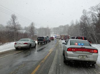 Traffic blocked on Route 17 at Grassy Pond in Rockport for a crash. (Photo by Lynda Clancy)