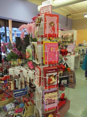 Look no further. The V Day cards are at The Grasshopper Shop's front door. (photo: Kay Stephens)