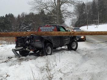 Brandon Jimenez-Roberts of Skowhegan was the driver of this pickup truck Friday afternoon that lost control on Route 1 in Lincolnville and took out a utility pole at its base. (Photo by David Edwards)