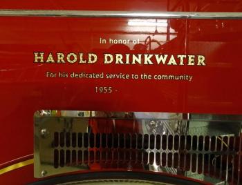 Camden's Atlantic Engine Company #2 Monday night unveiled a special honor by adding Harold Drinkwater's name to Engine 4. (Photo courtesy Todd Anderson)