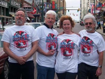 The Juke Rockets, from left, Bob Strusz, Tim Woitowitz, Carlene Perkins Thornton and Steve Mellor, sport t-shirts from Angler's Restaurant in Searsport on a stroll down Beale Street in Memphis, Tenn. The Waldo County band was there representing Maine in the 29th International Blues Competition. (Photo courtesy of the Juke Rockets) The Juke Rockets, from left, Bob Strusz, Tim Woitowitz, Carlene Thornton Perkins and Steve Mellor,
