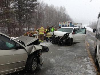 A head-on crash on Route 17, by Grassy Pond at the Hope and Rockport town line, sent traffic on a short detour Monday afternoon. (Photo by Lynda Clancy)