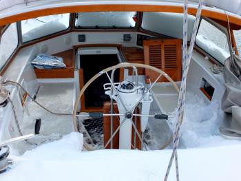The cockpit of Rasy, a Swedish Hallberg design sailboat, bound for home in Norway later this summer. (Photo by Chris Wolf)