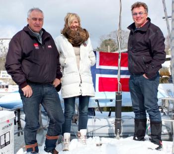 Norwegians Trond Aasvoll, Linda Lindeberg and Lars Ingeberg after sailing into Camden Harbor during Tuesday's snowstorm. (Photo by Chris Wolf)