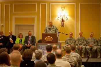 Brigadier General James D. Campbell, adjutant general of the Maine National Guard, at the podium Friday. (Courtesy Maine Army National Guard)