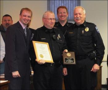 From left, Rockland City Mayor Will Clayton, Officer James Jillson, Sgt. Ken Smith and Chief Bruce Boucher. (Photo by Chris Wolf)