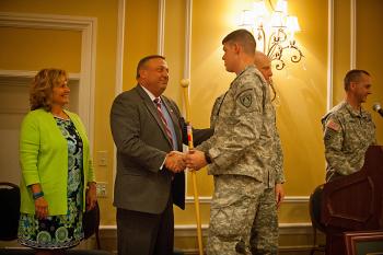 Gov. Paul LePage and his wife, Ann, with a soldier at Friday's freedom salute ceremony. (Courtesy Maine Army National Guard)