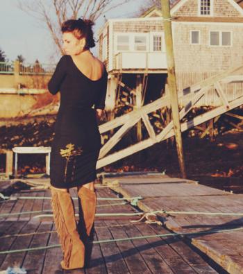 Her organic cotton '40s style dress with a pine tree silkscreen design from Maine pine trees. Courtesy Erin Little