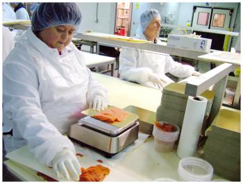 Kim Overlock, left, packages sliced smoked salmon at Ducktrap River of Maine in Belfast. (Photo by Ethan Andrews)