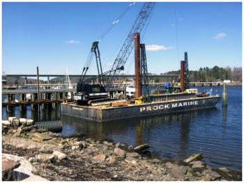 Front Street Shipyard has started work on a pier to support a new 485-ton boat lift that will more than double the 165-ton capacity of the current lift. (Photo by Ethan Andrews)