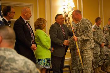 Gov. Paul LePage greets a soldier during a freedom salute ceremony April 5 at the Samoset Resort in Rockport. Standing next to LePage is his wife, Ann. (Courtesy Maine Army National Guard)