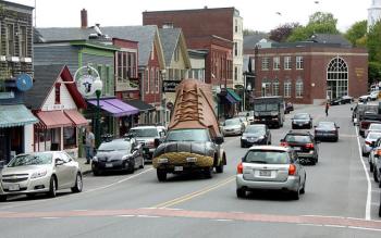 The LL Bean Bootmobile makes it way through Camden Monday afternoon. (Photo by Holly S. Edwards)