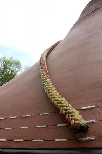 Thirty-feet of tug boat rope, painted to look like Bean boot laces, adorn the top of the LL Bean replica. (Photo by Holly S. Edwards)