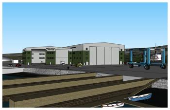 A south-facing ground-level view of Front Street Shipyard showing the existing Building 5, left, and the proposed Building 6. (Image courtesy of Front Street Shipyard)
