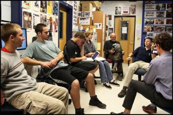 Students discuss film with Chris Walker-Spensor and Jack Churchill. (Photo fron CHRHS)