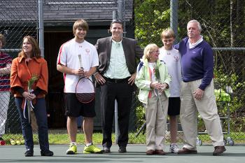 Camden Hills seniors Marc Belley and Eddie Socker with parents at the pre match ceremony. (Photo Courtesy of Dwight Pitcairn)