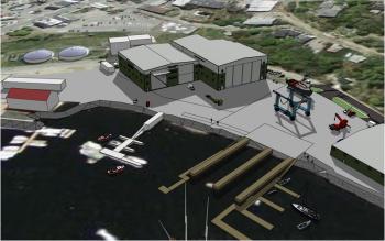 The largest building in this aerial rendering of Front Street Shipyard is the proposed 'Building 6,' which the Shipyard hopes to construct for servicing vessels up to 150 feet long. (Image courtesy of Front Street Shipyard)