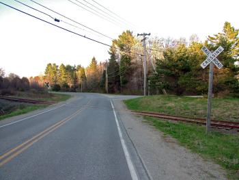 The railroad crossing at Oak Hill Road was the crux of a discussion May 7 regarding new parking and restrooms that could serve the end of the proposed city rail trail and also Brooks Preservation Society's excursion trains that will be running out of the adjacent City Point Station this year. (Photo by Ethan Andrews)