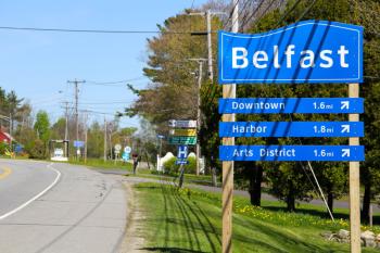A revamped set of signs directing traffic into Belfast's business district should be familiar to the city's snowbirds from last summer, but head into town and quite a few things have changed. (Photo by Wes Sterrs)