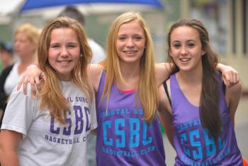 Three seventh graders, from left, Taylor Hamlin, Charlotte Leparulo and Gabby Simmons, promoting their basketball club the Coastal Surge. (Photo by Ron Hawkes)