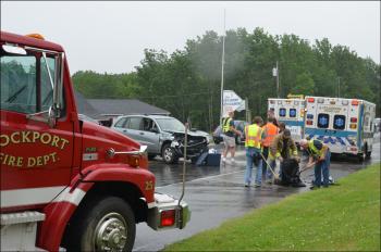 Rockport firefighters, police and Camden First Aid paramedics respond to a two-car crash on Route 1 June 29. (Photo by Lynda Clancy)