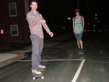 Evan Pinette, left, and Hunter Finden outside City Hall Tuesday night after a City Council debate on rules and penalties for skateboarding. Finden, who was ticketed for skateboarding two years ago and fined over $200, challenged the city's view of skateboarding as a nuisance. (Photo by Ethan Andrews)