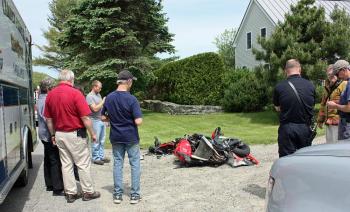 Rockport Fire and Camden First Aid responded to the car-motorcycle accident on Mill Street Monday. (Photo by Holly S. Edwards)