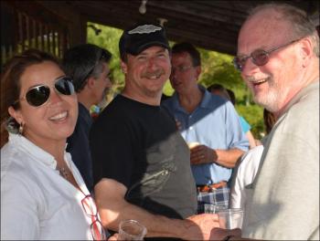 Townspeople came to Tom's party, including Harbor Master Abbie Leonard, Public Works Assistant Director Mike Young and Select Board Chairman William Chapman. (Photo by Lynda Clancy)