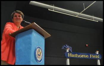 Carol Hathorne, speaking to the community.