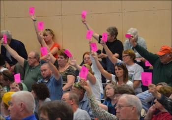 Hot pink was the color of the day at Lincolnville Town Meeting. (Photo by Lynda Clancy)