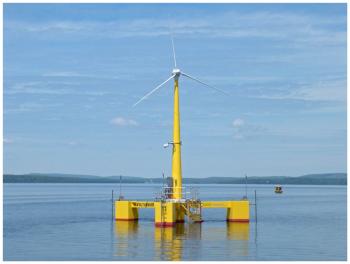 VolturnUS 1:8 was built to model a 6 megawatt turbine, which supporters of the nascent offshore wind energy industry hope will one day populate the Gulf of Maine. (Photo by Ethan Andrews)