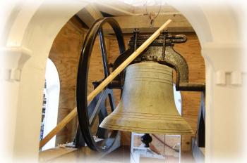 A view of the bell inside the new belfry. (Photo courtesy of Pete Hardester)