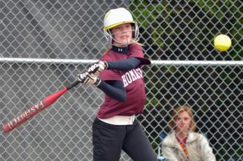 McMahon Builders Hannah Moholland rips a triple and scores a run to help the team to the 4-3 win over the Islanders for the Rockland Little League championship. (Photo by Ron Hawkes)