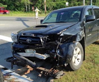 Police said Peter Twitchell of Warren was driving this pickup truck when he crashed into a car at Route 90 and Meadow Street Wednesday afternoon. (Courtesy Rockport Fire Dept.)