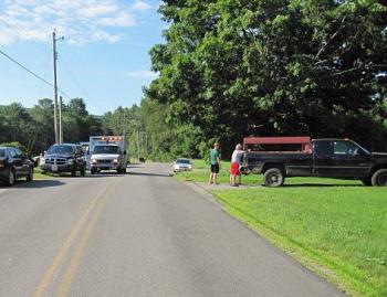 The pickup truck that turned in front of the motorcycle this morning, causing it to crash, sits in the driveway it was turning into on Sennebec Road in Appleton. (Courtesy Knox County Sheriff's Office)