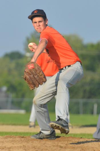 Rockland Cafe's Jacob Bartlett delivers a pitch in the first inning of Tuesday's game. Rocklan dbeat Waldoboro 8-6. (Photo by Ron Hawkes)